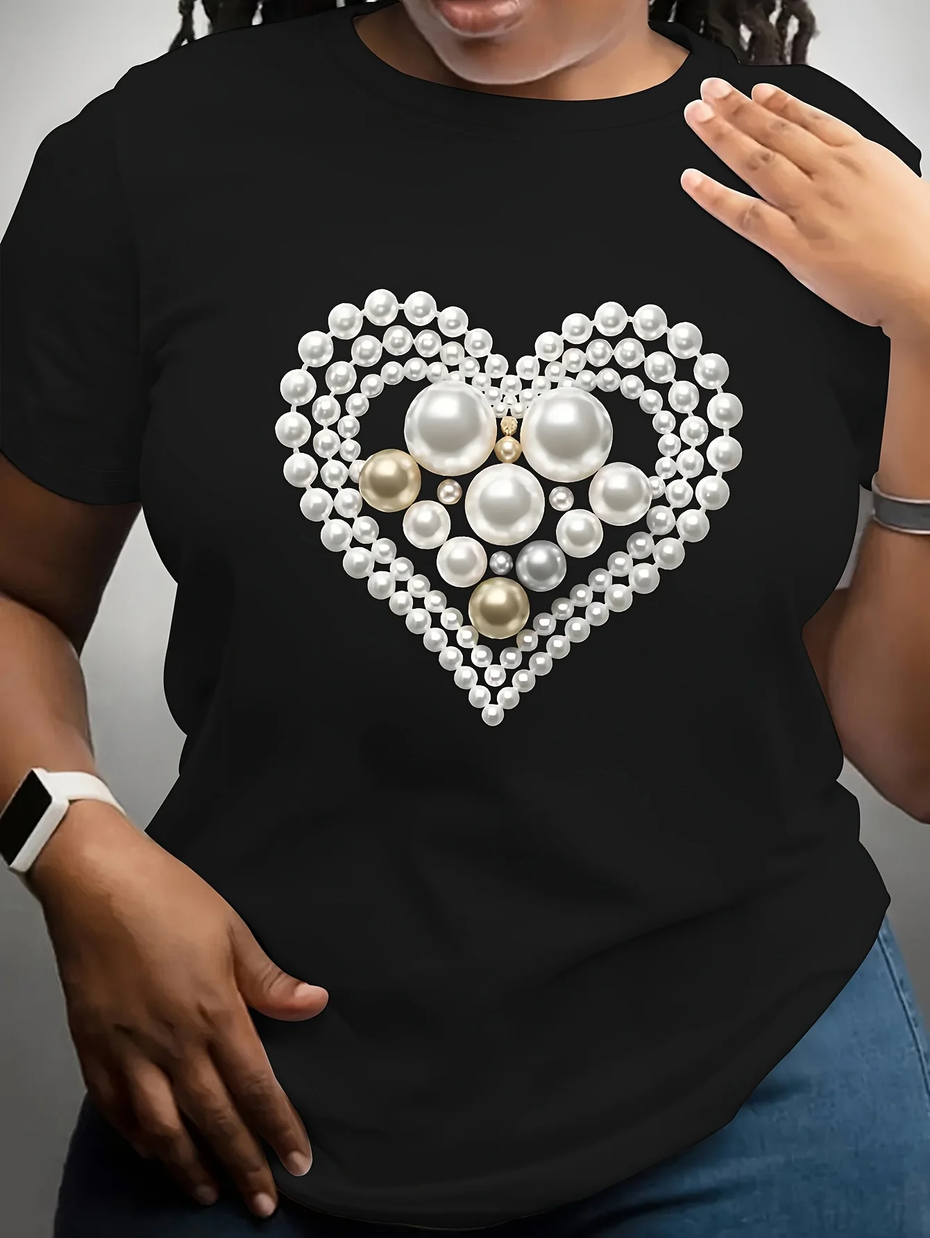여성 플러스 사이즈 블랙 하트 모양의 진주 프린트 티셔츠 - 캐주얼 라운드 넥 반팔, 여름 패션 캐주얼 탑