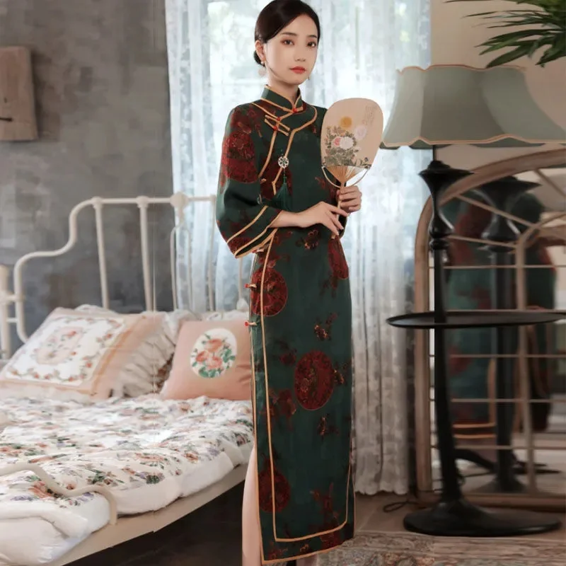 Spring Autumn Ladies Maxi Dress Retro Women Chinese Style Long Dresses High-end Female Seven Points Sleeve Cheongsam Dress