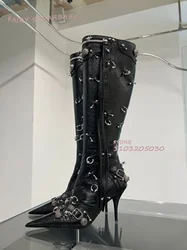 Stivali in pelle con cinturino in argento rivetto donna nero punta a punta tacco a spillo stivaletti in metallo catena tacco a spillo ragazza scarpa sportiva Casual