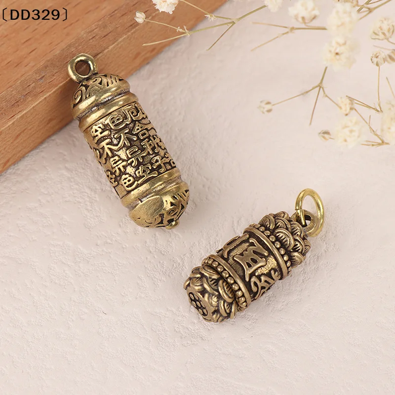 1Pc Hollow Brass Buddha  Sutra Cylinder Pendant Keychain Handmade Vintage Pill Box Container Bottle〔DD329〕