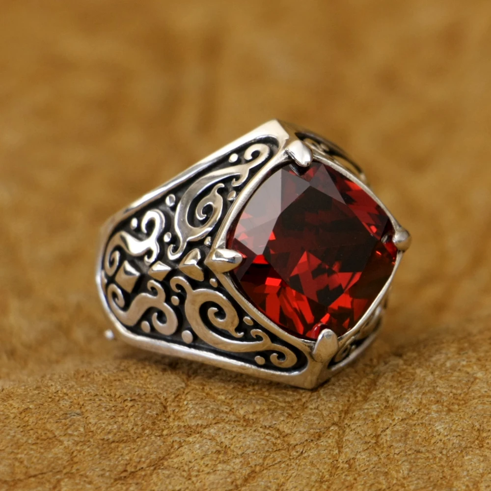 

925 Sterling Silver Red CZ Stone Texture Charms Ring TA502 US Size 4~13
