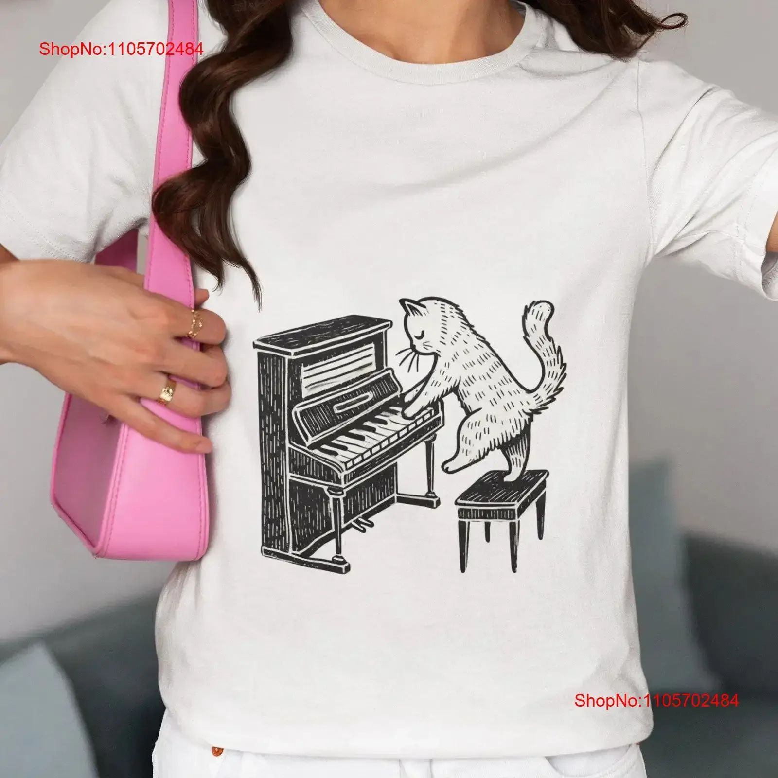 Vintage Cat Playing Piano T Shirt Unique for Lovers Music Enthusiasts Animal Hand Drawn Top Design vintage Washed streetwear