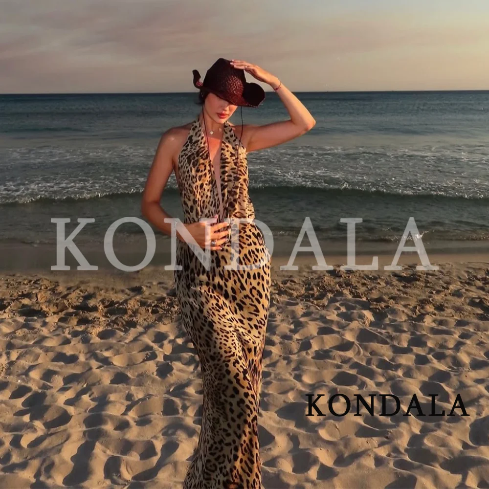 KONDALA Women Sexy Vacation Leopard Backless Long Dress 2026 Summer Trendy Beach Party Halter Dress Elegant Swinging Neck Dress