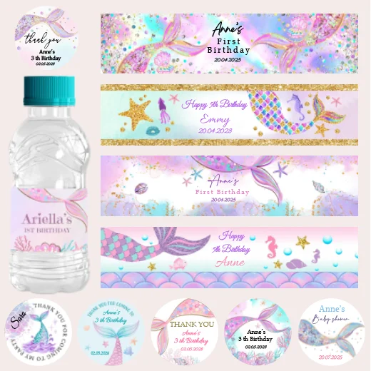 

Custom Mermaid Water Bottle Label Girl 1st Birthday Party Decor Baby Shower Sticker Personalized Name Design Text Print Adhesive