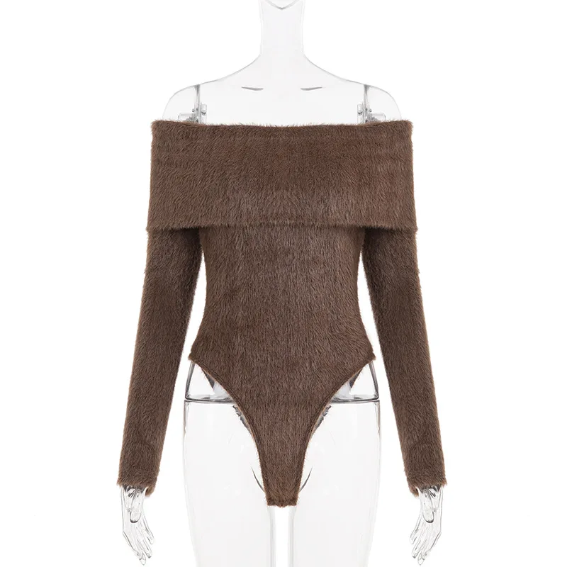 

Autumn and winter spicy girl style sexy slim fit off shoulder slash neck plush knit jumpsuit