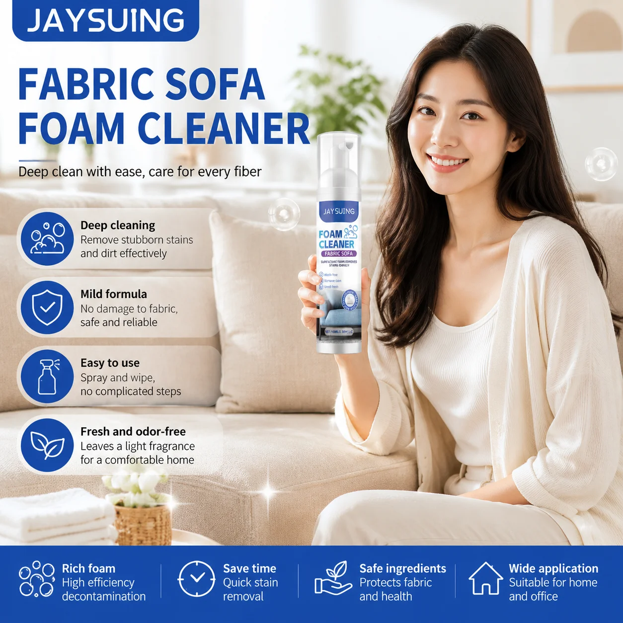 Jaysuing Fabric Sofa Foam Cleaner Deep Stain Cleaning Oil Stain Decomposition Residue‑Free Wash‑Free Fabric Stain Remover 100ml