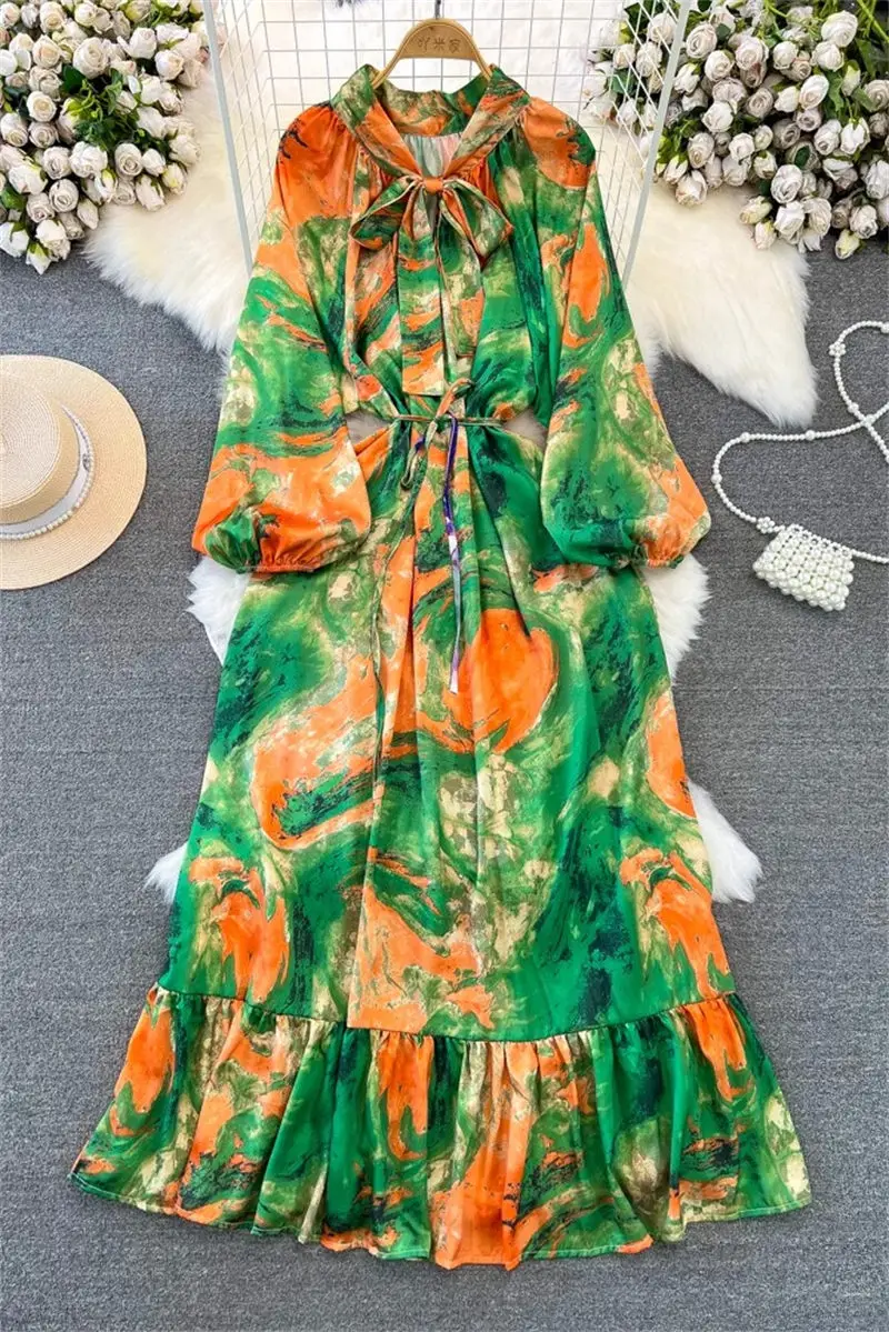 2024 Spring And Autumn Printed Dress Women's Temperament Long Sleeve Bow Tie Waist Slimming A-Line Maxi Dress Lace Up Robe Z4200