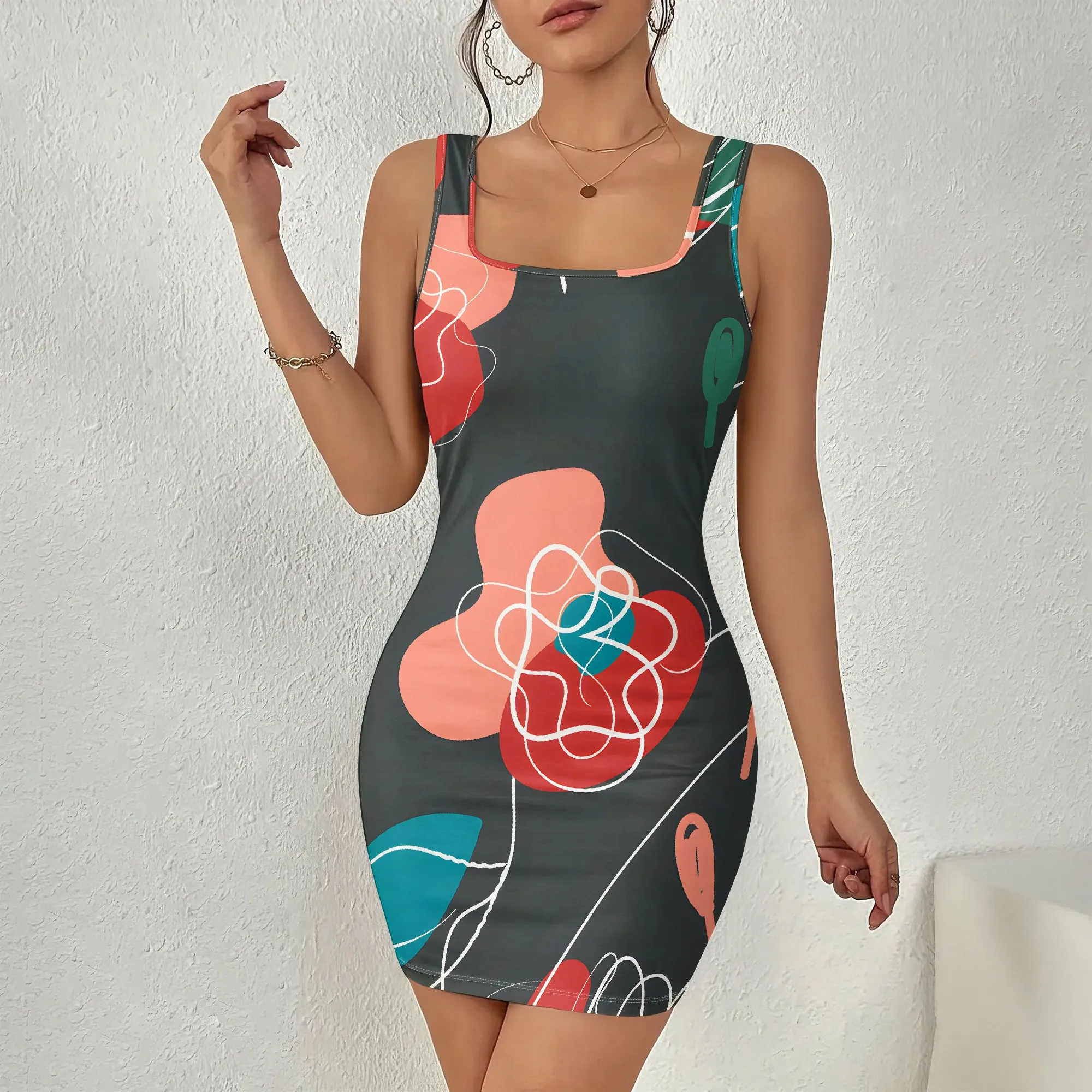 

Floral Mini Dress, Sleeveless Bodycon with Square Neck, Summer Party Wear, Beach Casual Outfit, S-2XL