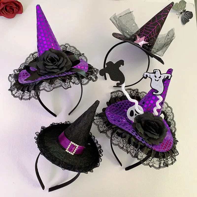 Halloween Witch Hat Headband Pumpkin Skull Bat Lace Hairband Cosplay Party Photo Prop for Girls Women