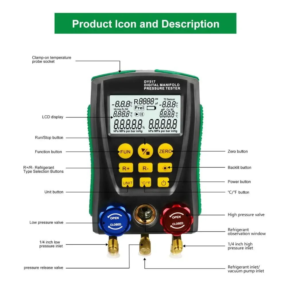 DUOYI DY517 Pressure Gauge  Manifold Digital Vacuum HVAC Meter Pressure Temperature Tester R410A Refrigerant Test