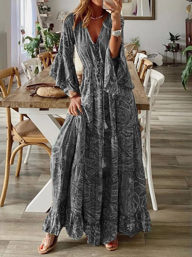 Maxi abito da spiaggia bohémien da donna primavera estate Casual con scollo a v abiti a maniche lunghe con stampa floreale Vintage femminile abiti