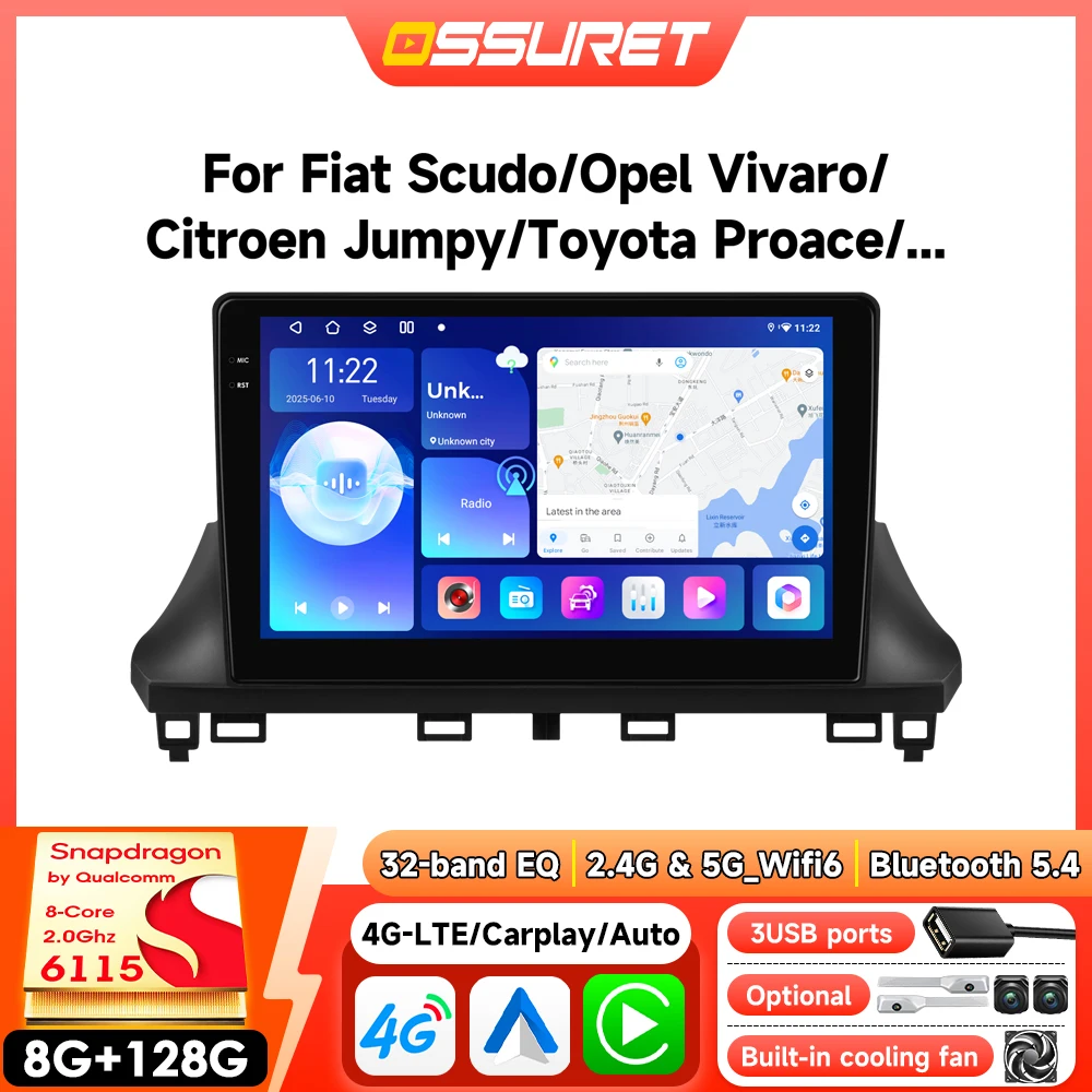 Android Autoradio für Fiat Scudo/Opel Vivaro/Citroen Jumpy/Toyota Proace/Peugeot Traveller/Expert 2024-2026 Kabelloses Carplay Auto-Multimedia-Player Bildschirm
