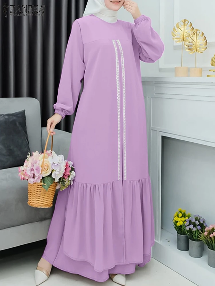 ZANZEA Long Sleeve Ruffled Hem Maxi Dress O Neck Women Muslim Lace Panels Abaya Robes Islamic Hijab Loose Casual Autumn Vestidos