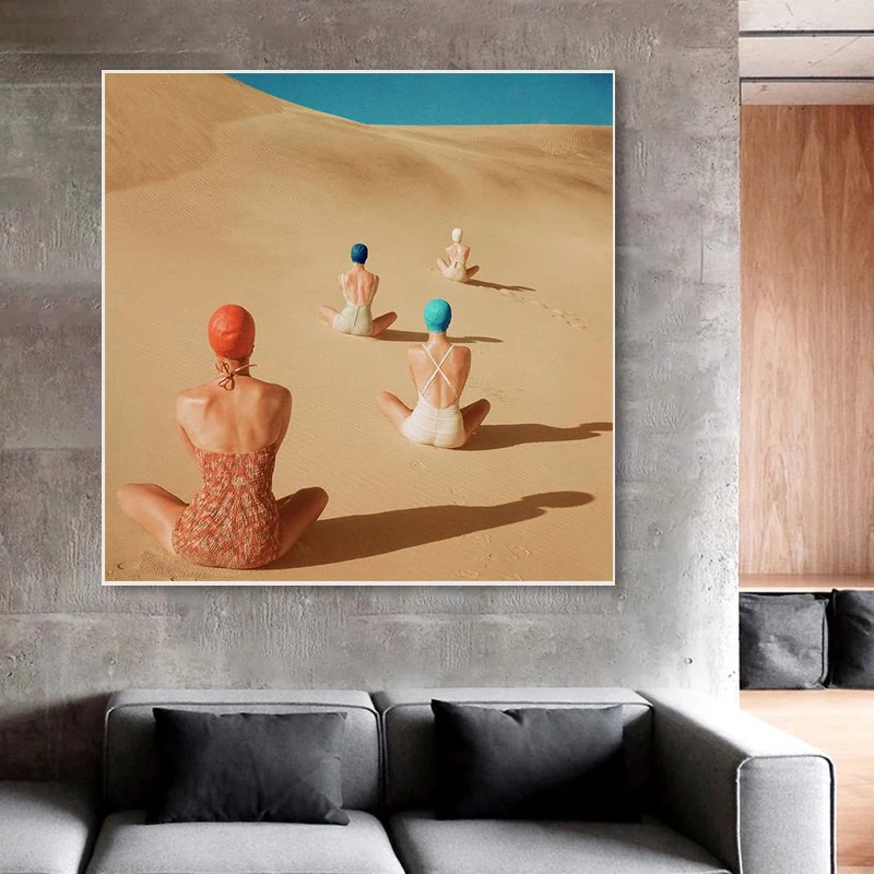 Models Sitting on Sand Dunes Art Canvas Paintings Posters and Prints Wall Art Pictures for Living Room Wall Decoration Cuadros