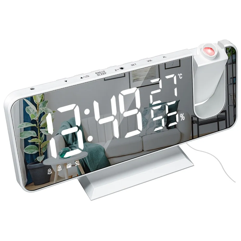LED Projection Clock Digital Weather Station Hygrometer Thermometer Alarm Clocks Travel White Large Screen FM Radio Auto Search