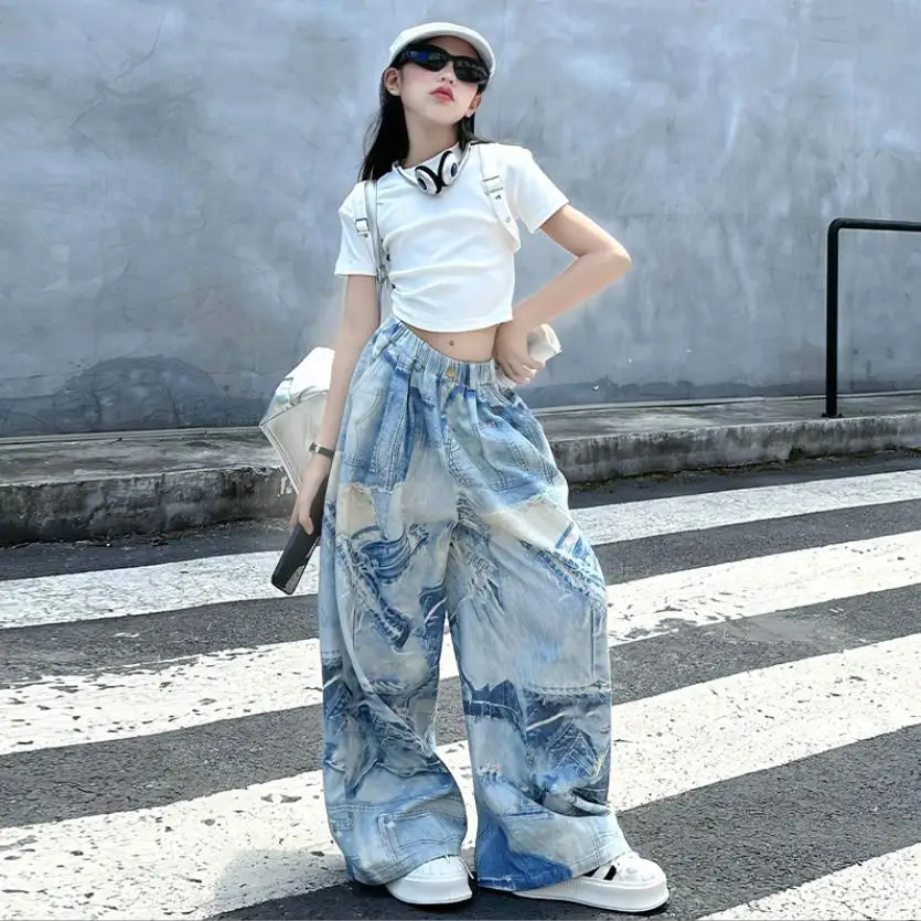 Girl Fashion T-shirts + Loose Pants Suits Summer New Fashion Tie Dye Dance Clothes Teenage Sets Kids Stes Ttees Denim Wz1353