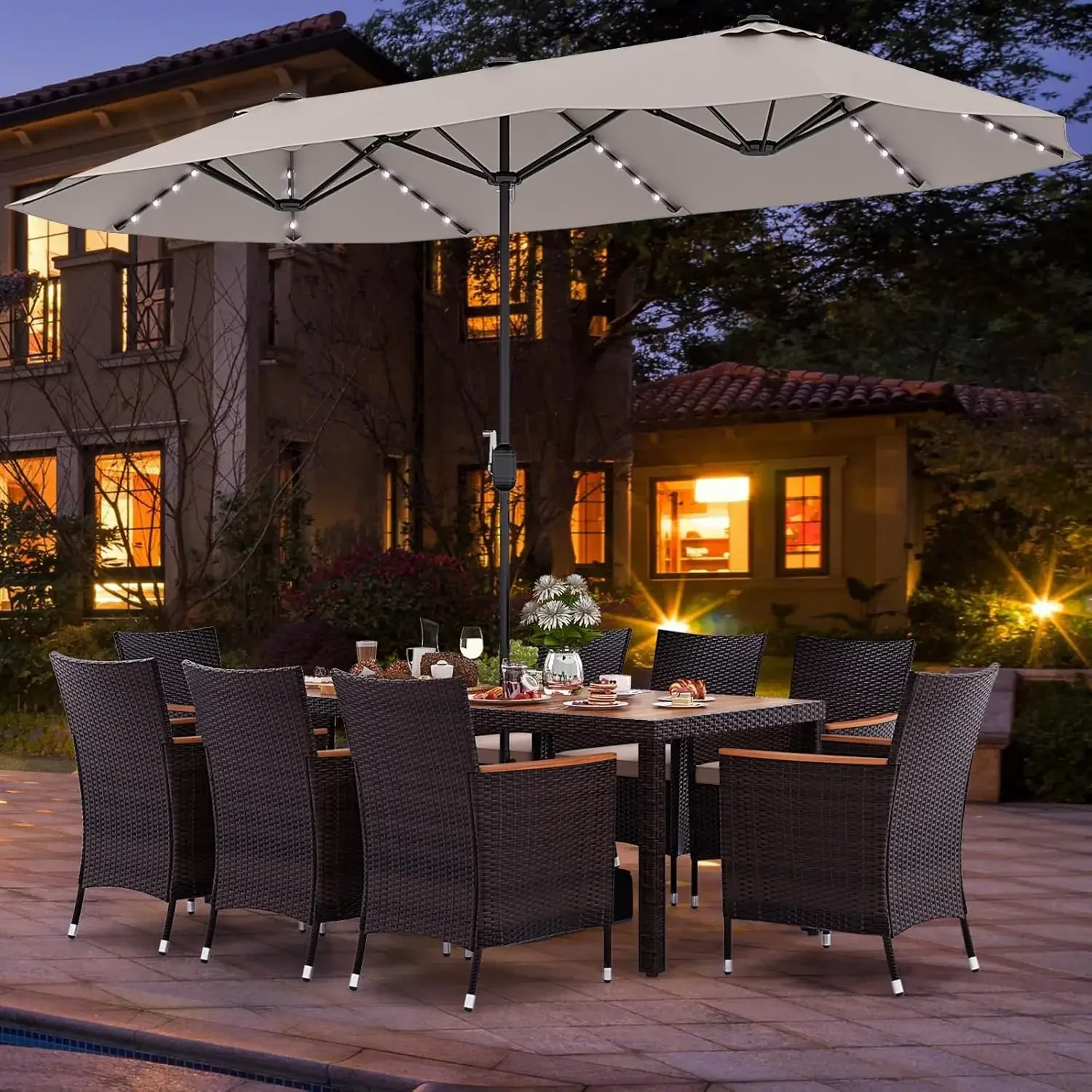 11 Pieces Patio Dining Set with 15ft Double-Sided LED Patio Umbrella(Base Included),Rattan Furniture Set with 8 Stackable Chairs