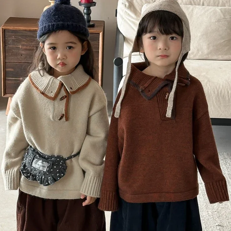 

Sweater 2025 Autumn Winter New Childrens Clothing Korean Style Boys and Girls Irregular Inclined Door Cardigan Sweater