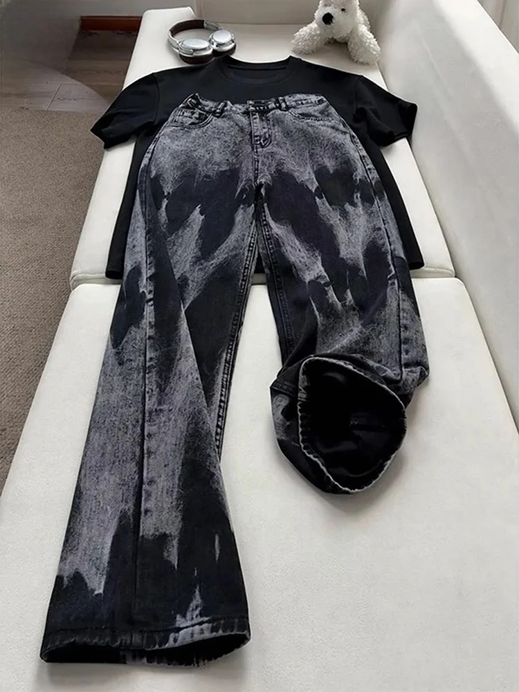 Bla Tie Dye Jeans Men's Spring Autumn Tall Extended Micro Flared Pants Unique Design Straight Blade Jeans Casual Loose Fit