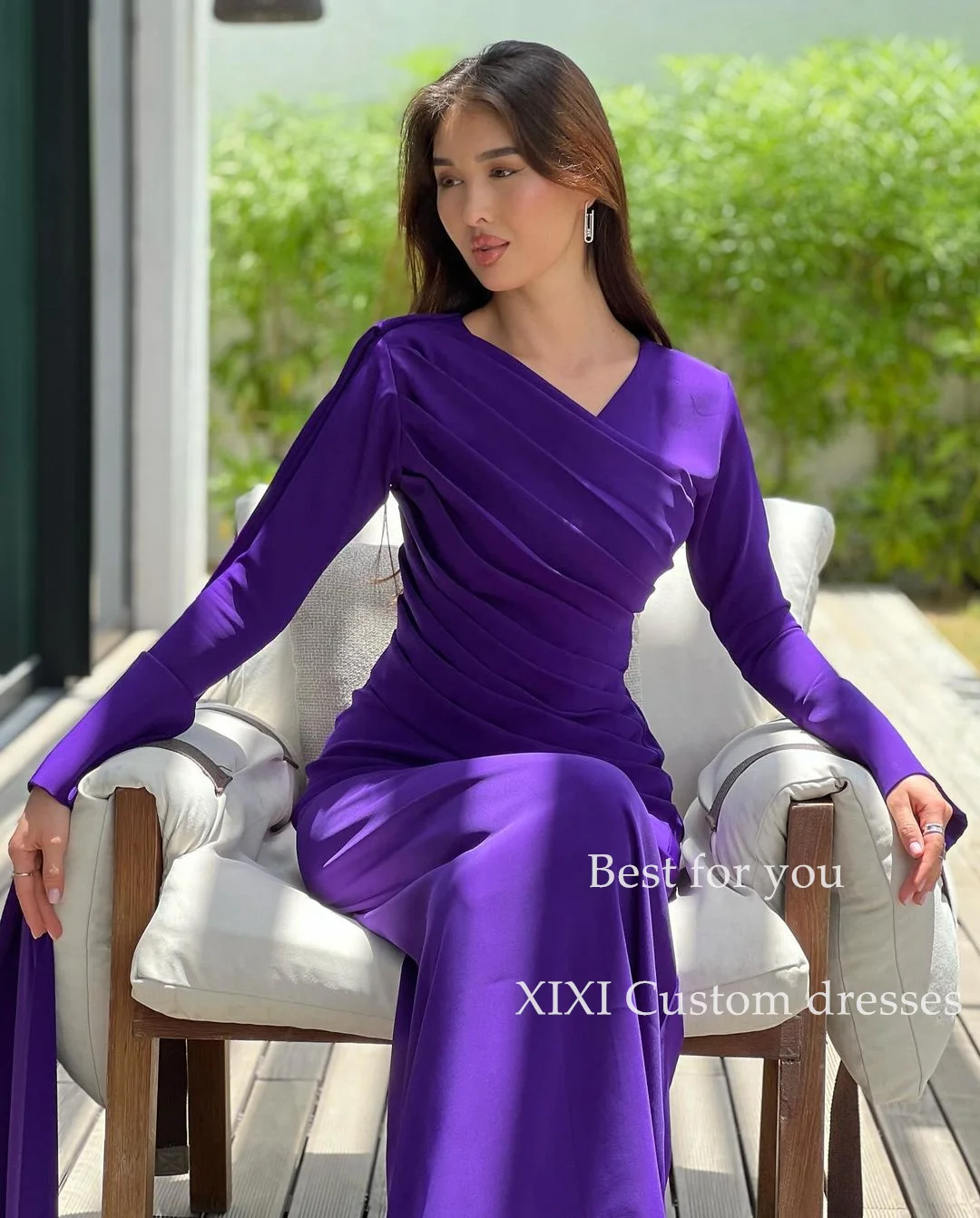 XIXI-vestido de noche de manga larga para mujer, traje elegante con cuello en V, longitud hasta el suelo, para fiesta de cumpleaños, de lujo, 2024