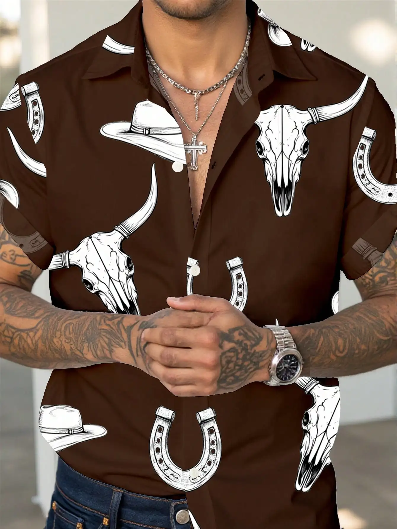 

Men's Brown Short Sleeve Western Print Casual Shirt for Summer