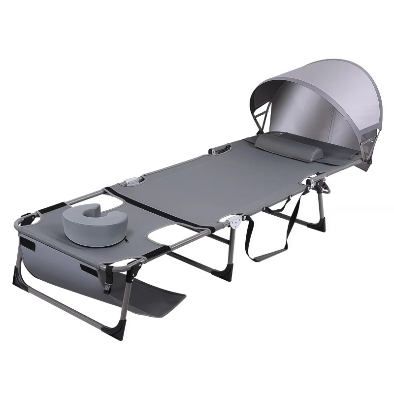 Back Sun Bed Portable Outdoor Folding Lounger with Sunshade Canopy for Beach Camping Pool Sitting Lying Sunbathing