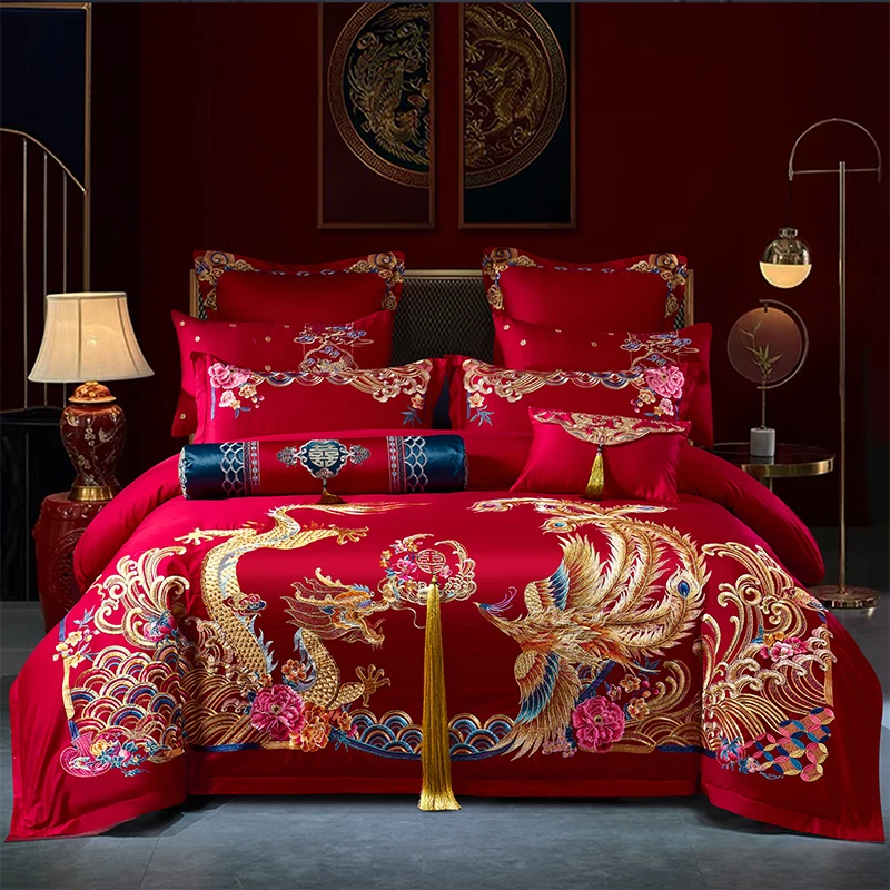 Golden Tassels Loong Phoenix Embroidery Bedding Set Luxury Chinese Wedding Red Egyptian Cotton Duvet Cover Bed Sheet Pillowcases