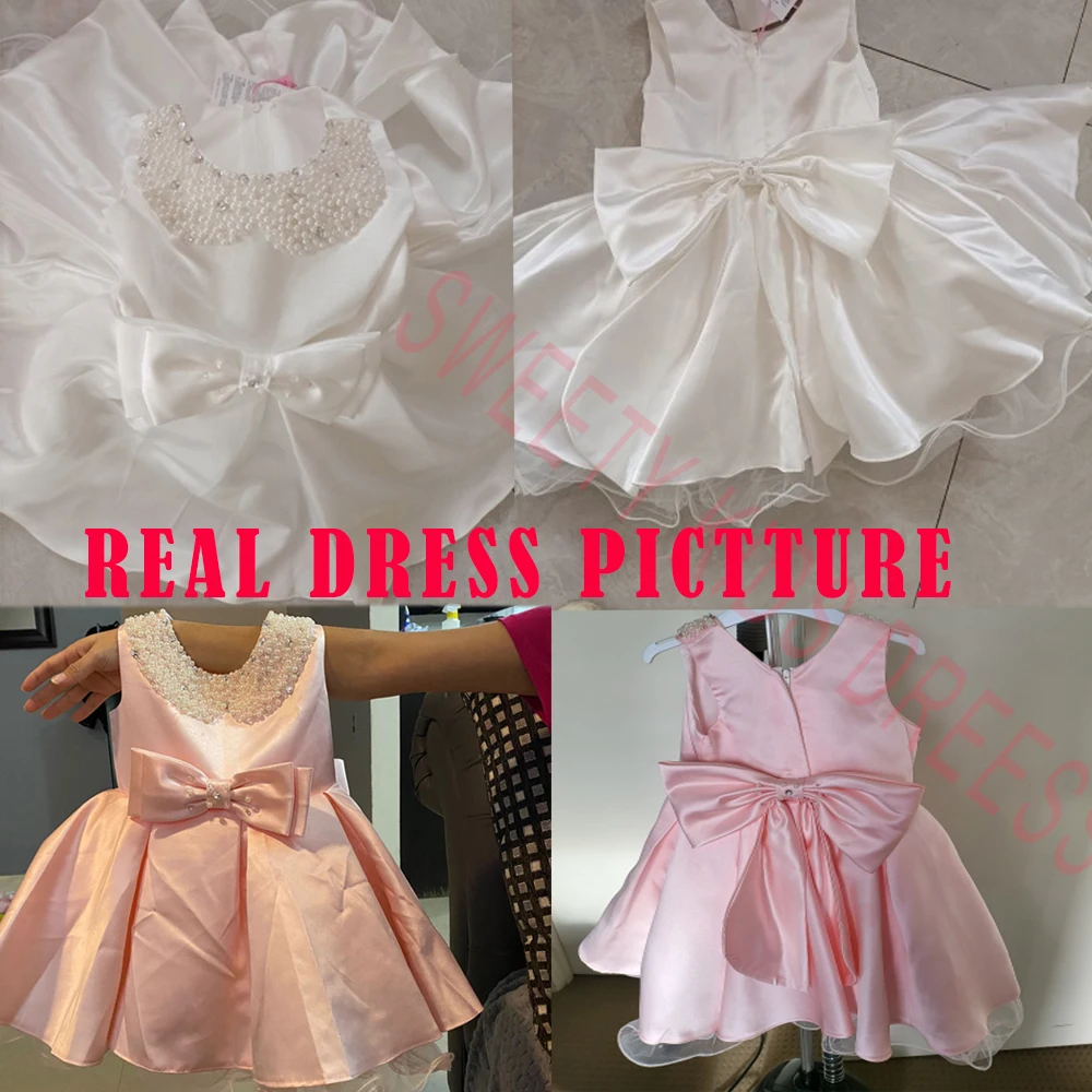 Toddler White Wedding Satin Princess Baby Girl Dress Bow 1 Year Birthday Evening Party Newborn Christening Dress for Girl Clothe