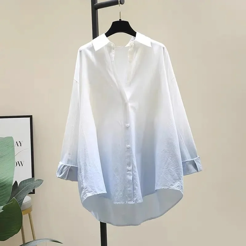 French Ladies Gradient Patchwork Cardigan Blouse Autumn Women Fashion Thin Loose Shirts Summer Female Long Sleeves Casual Shirt