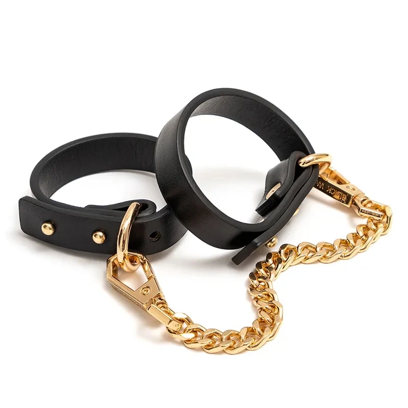 BlackWolf Female Sex Toys Sm Pu Leather Handcuff with Gold color Chain Men Sex Toy bdsm Luxurious Quality for Women Adult Game