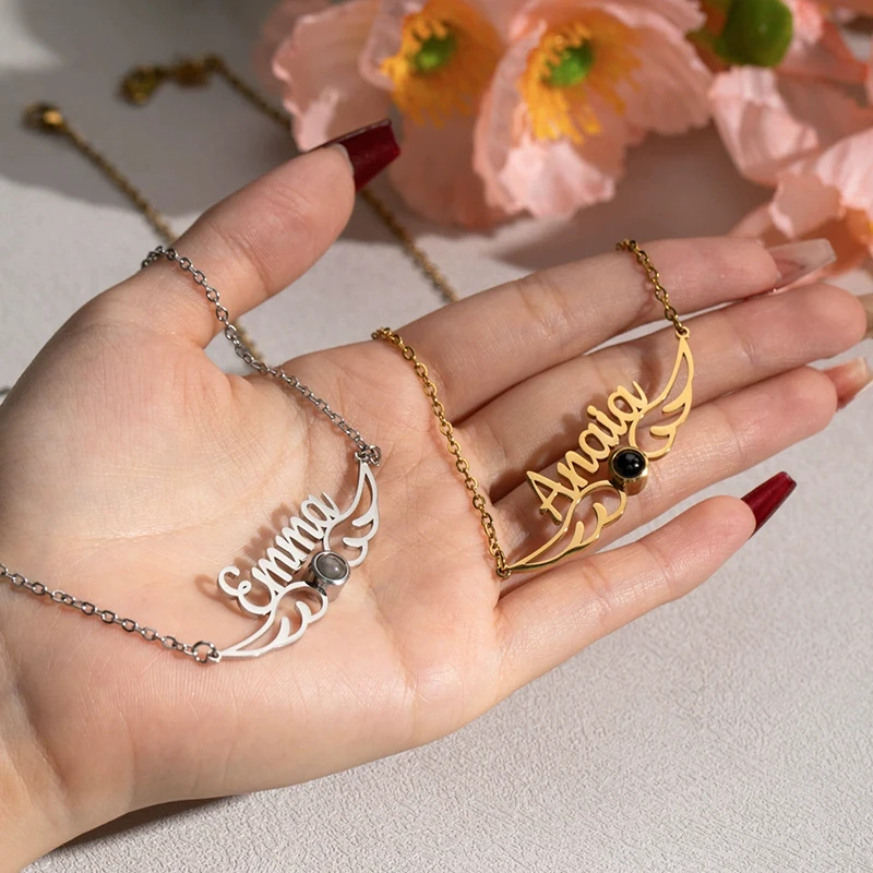 Custom Picture Projection Necklace Angel Wing Photo Pendant Necklace Customized Name Necklaces Birthday Memorial Gifts for Women - view 3