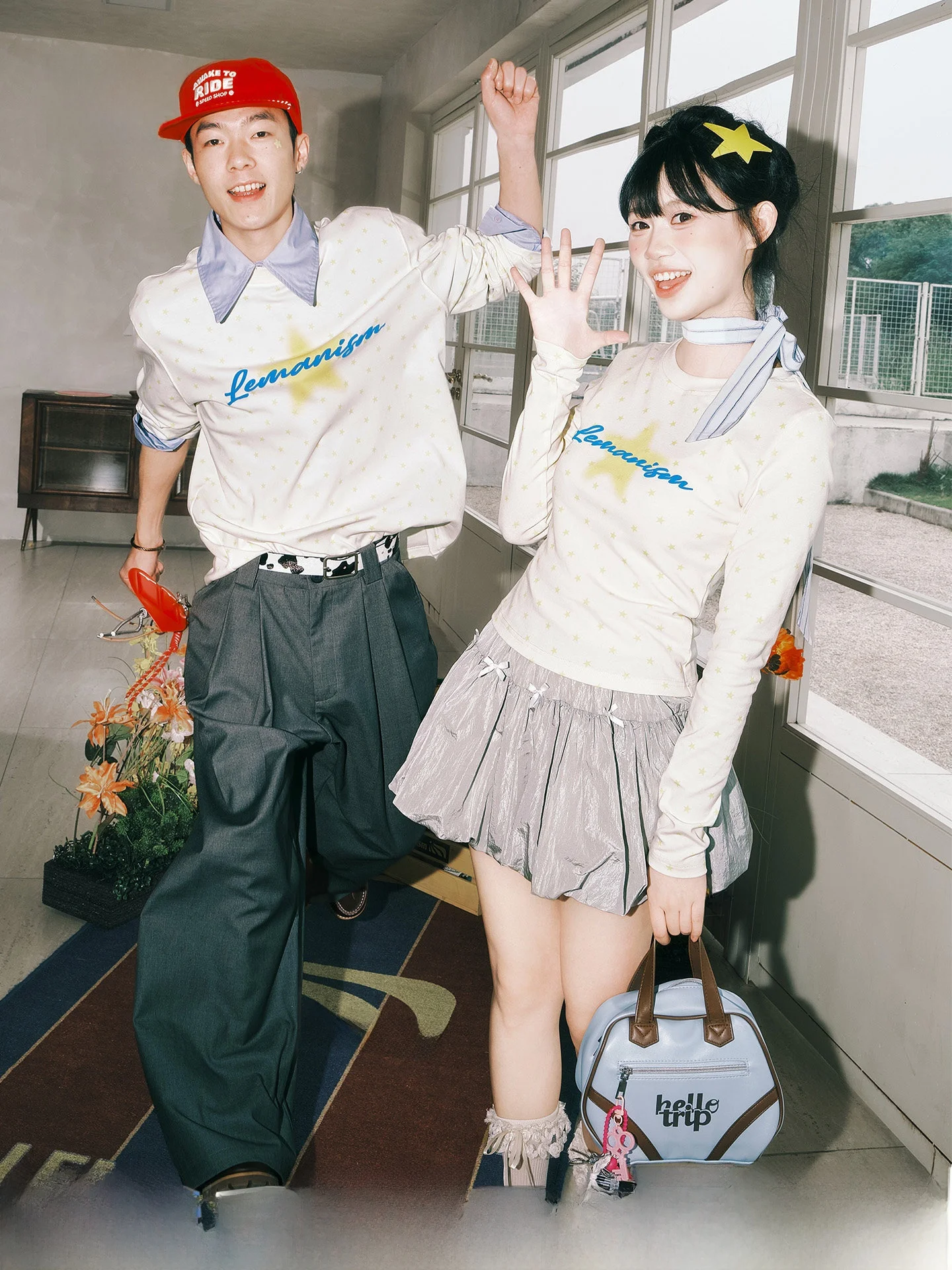 Lemanism American Style Long Sleeve T-Shirt Couple's Star Print Loose Fit Youth Fashion Cotton Polyester Summer Top
