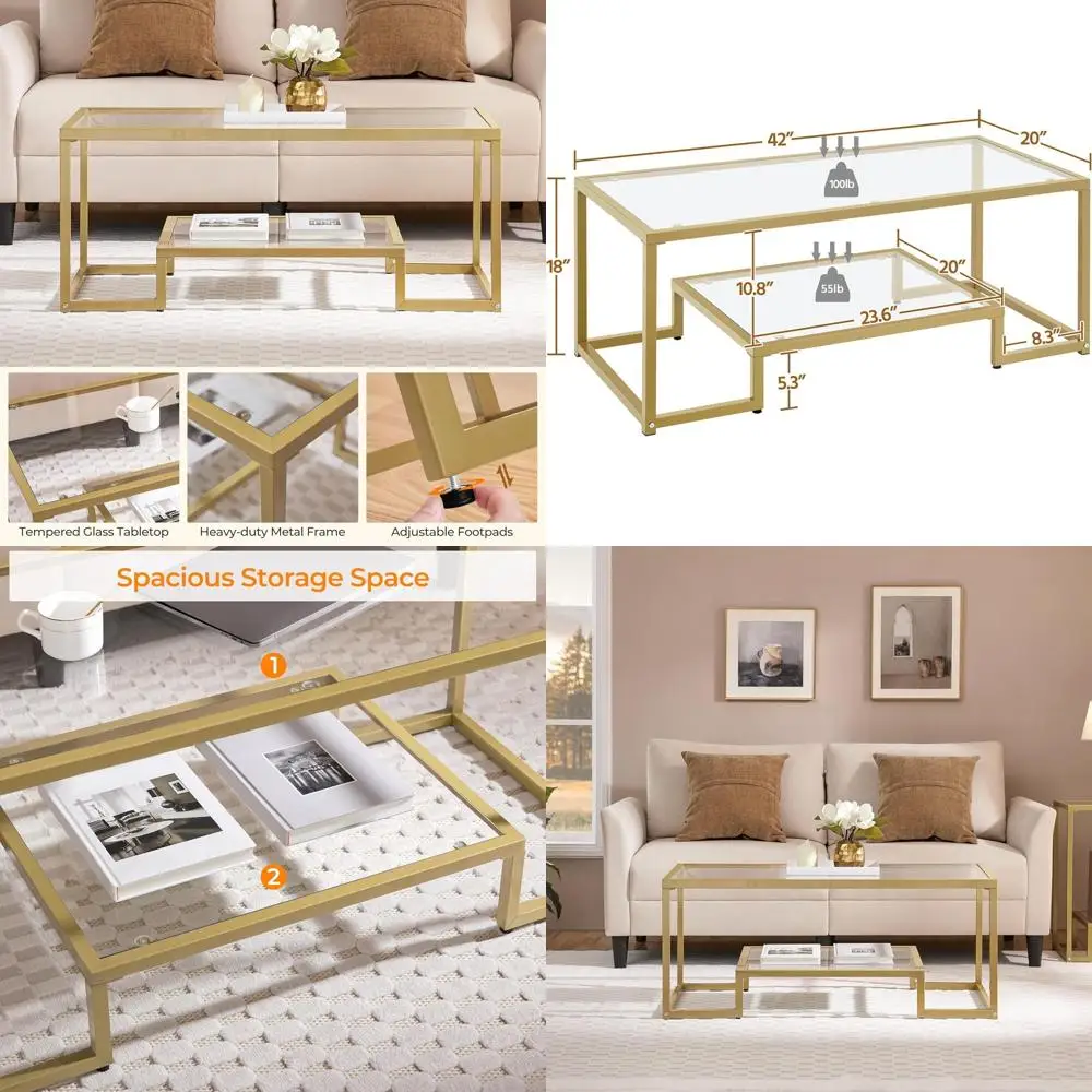 

Современный журнальный столик из стекла с 2 ярусами, 42 дюйма, для гостиной, подходит для небольших помещений, стильный и удобный для офиса