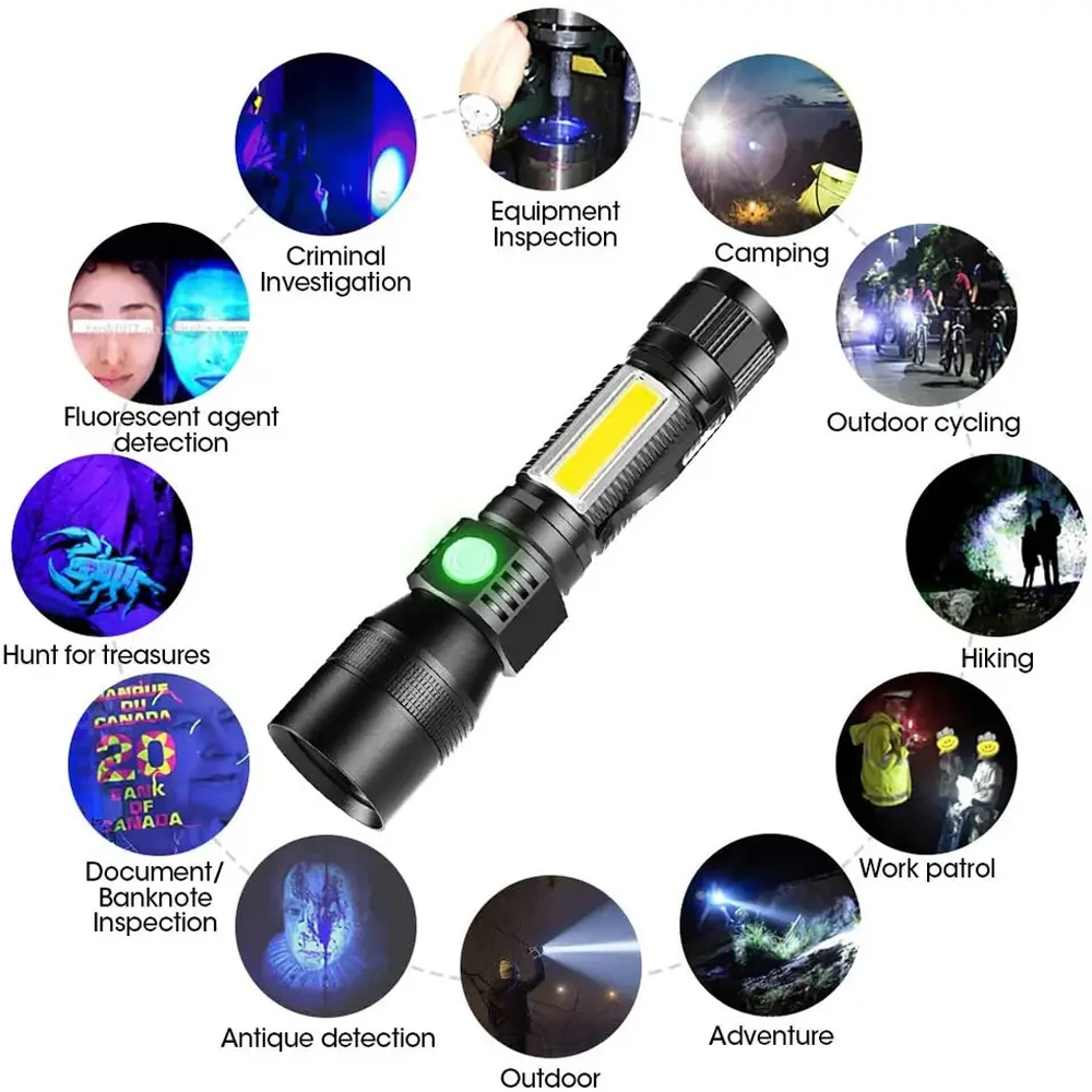 Strong Light & UV Lamp Flashlight USB Rechargeable Camping Lantern Pets Urine Stains Black Light Mini COB LED Ultraviolet Torch