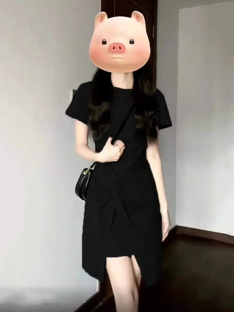 French Temperament Gray Waist-hugging Dress for Women in Summer 2025 New Short-sleeved Round Neck Skirt