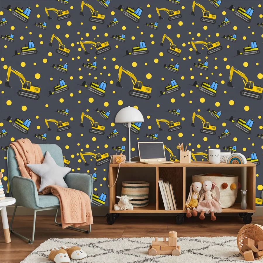 4+Waterproof Cartoon Excavator Pattern Drawing Kids Mural TV Walls Renovation, Wallpaper for Living Room, Self Adhesive Optional