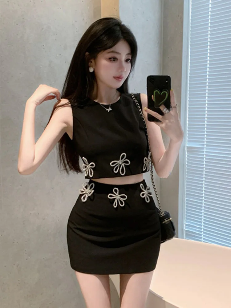 Women Summer Sexy Diamonds O Neck Crystal Two Piece Mini Bandage Set 2024 Celebrity Designer Evening Party Women's Set