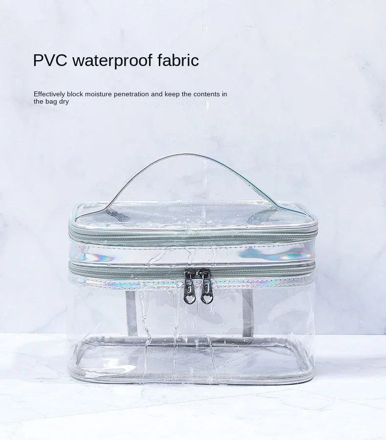 Transparente Kosmetiktasche für Damen, Netzkjolendesign, große Kapazität, Reise-Waschtasche für Mädchen, tragbar, wasserdicht, Aufbewahrungstasche – Detail 3