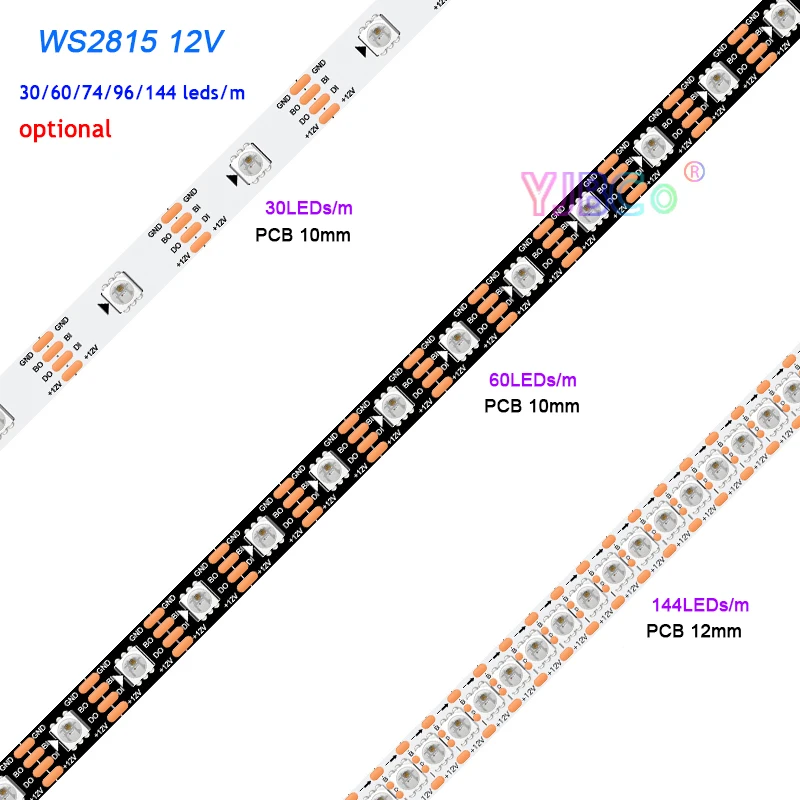 Bande lumineuse IC adressable, WS2815, 12V, 5050 RGB pixels, 30/60/74/96/144 diodes/m, barre de lampe magique IP30/IP65/IP67