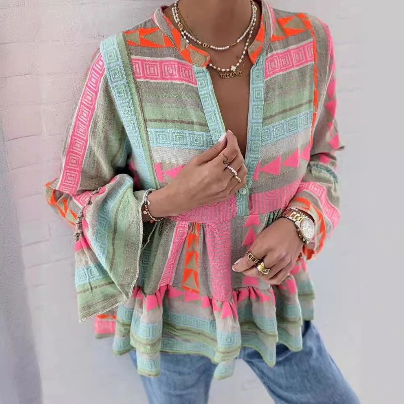 

2024 Women's Summer New Patchwork Pullover V-neck Printing Flare Sleeve Folds Fashion Slim Casual Long Sleeved Blouses Shirts