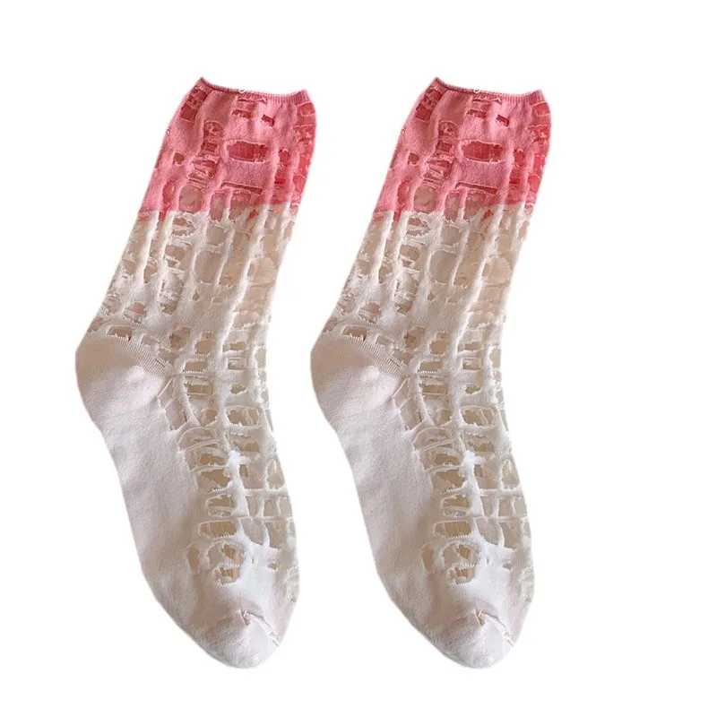 Kave Splicing Ripped Beggar Hollow Mesh Socks Women\'s Summer Breathable Glass Silk Medium Tube Socks Thin Stacking Socks