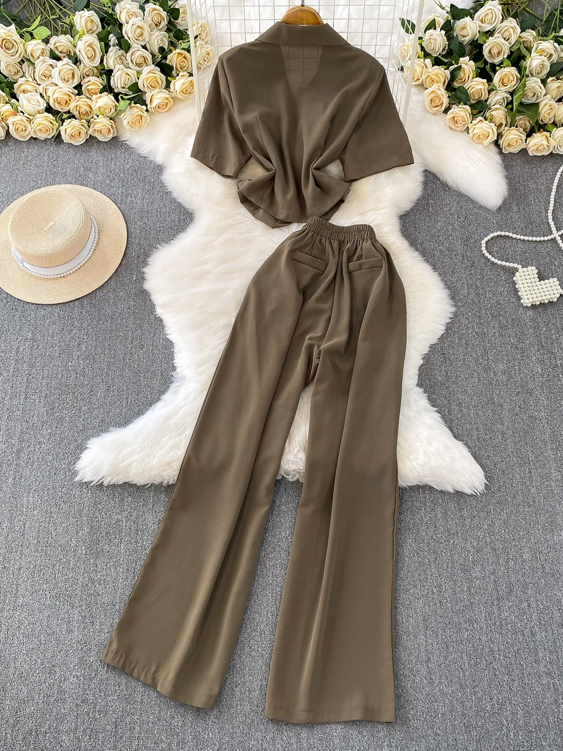 

Ele Commute Casual ort Coat Top Set High Waist Slimming Wide Leg Pants Two Piece Suit Faionable Women's Ensemble