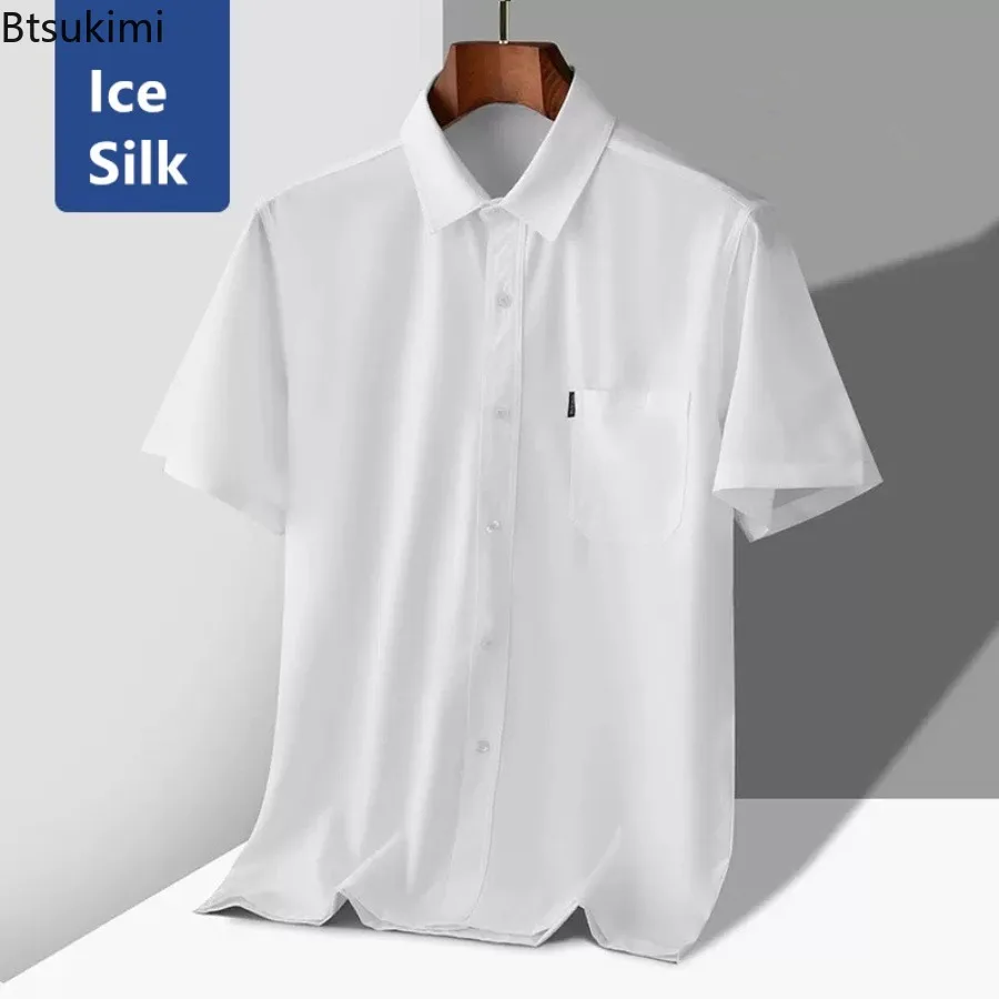 صيف جديد الرجال الصلبة قصيرة الأكمام الأعمال قمصان غير رسمية عالية الجودة الحرير الجليد تنفس التلبيب بلوزة جيب قمصان بيضاء الذكور #5