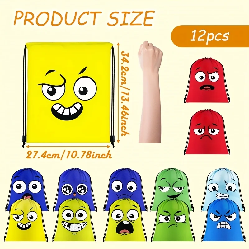 12Pcs Cartoon Fun Expression Drawstring Bags, Party Goodie Favor Bags, Gifts for Birthday Party Shopping Supplies