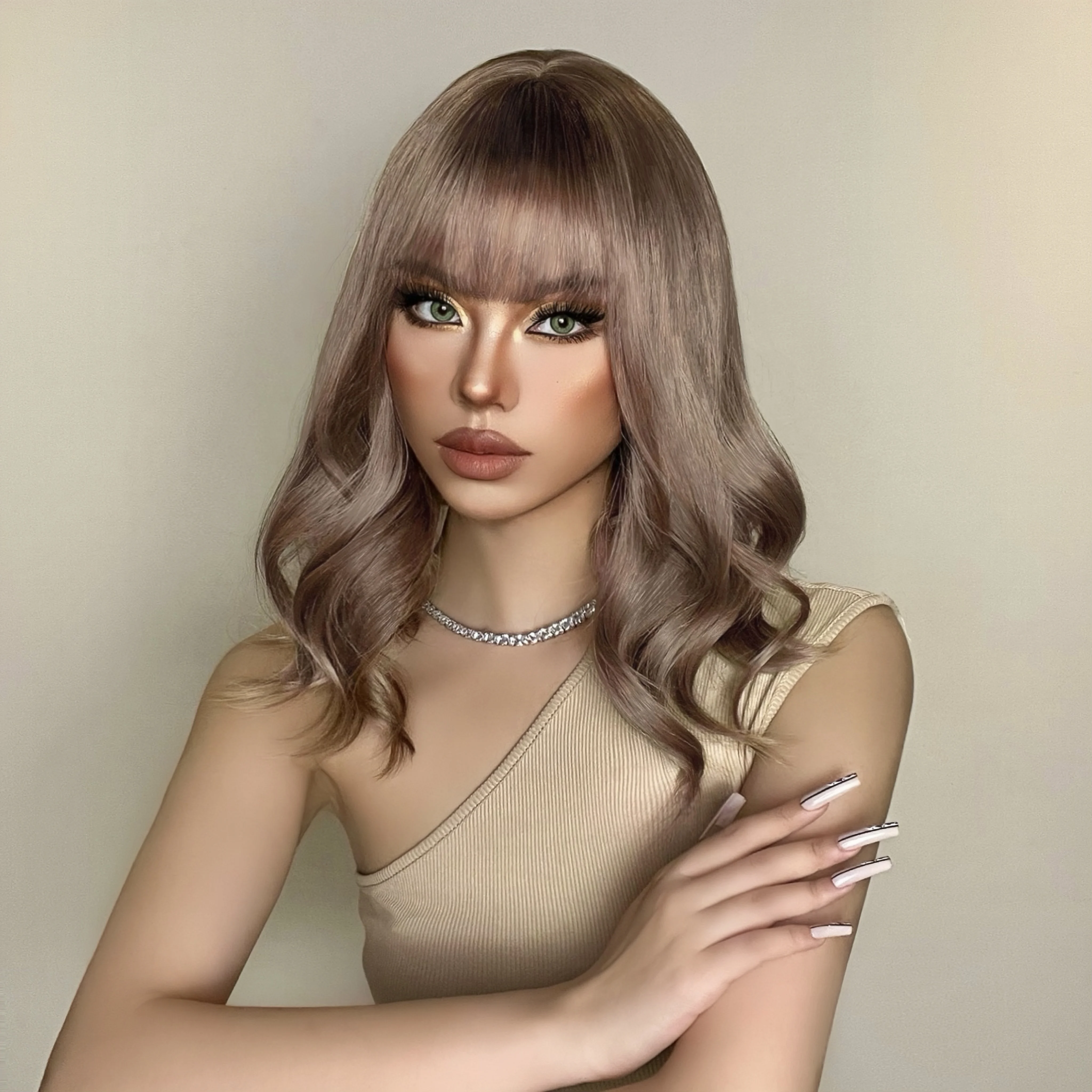 ALAN EATON Long Wave Ombre Brown Blonde Wigs with Bangs High Temperature Fiber Synthetic Wigs for Black Women Afro Cosplay Wigs