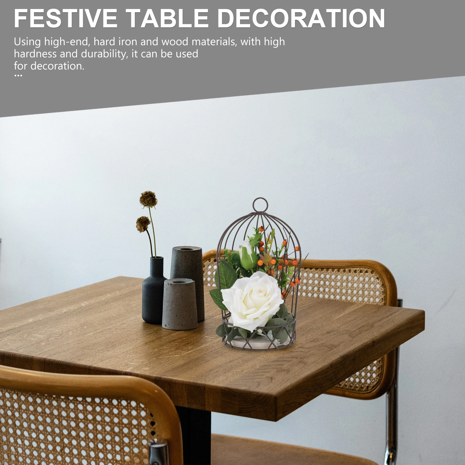

1pc Rose Artificial Flower Decoration Hanging Birdcage Vintage White Decorative Cages Dining Table Adornment Festival