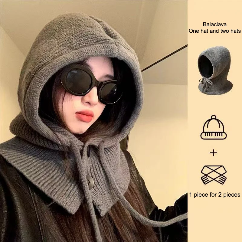 

Женская зимняя цельная шапка-бини с вязаным шарфом-грелкой для шеи, уличная женская шапка-капюшон с защитой ушей