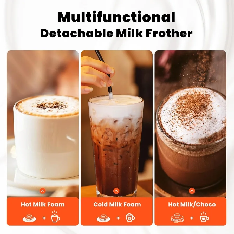 رغوة الحليب الكهربائية المصنوعة من الفولاذ المقاوم للصدأ 3 في 1 للقهوة سعة 12 أونصة صانع رغوة سميكة وباردة باللون البرتقالي