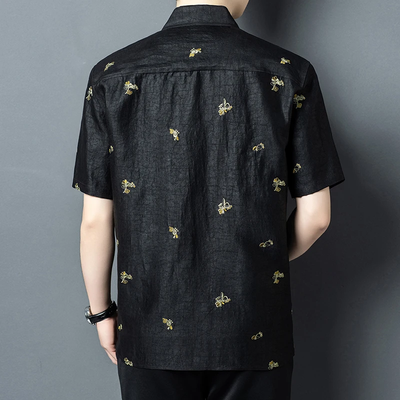 Gambiered Canton Gauze Shirts For Men Short Sleeve Embroidery Summer Quality Geniune Silk 100% Softness Pocket Camisas De Hombre