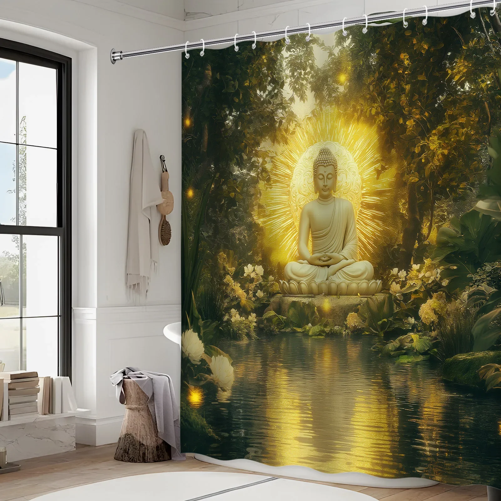 Buddha Garden Bath Curtain - Serene Digital Art of Buddha Statue, Lush Greenery & Flowers,Golden Halo, Calm Pond,Polyester Woven